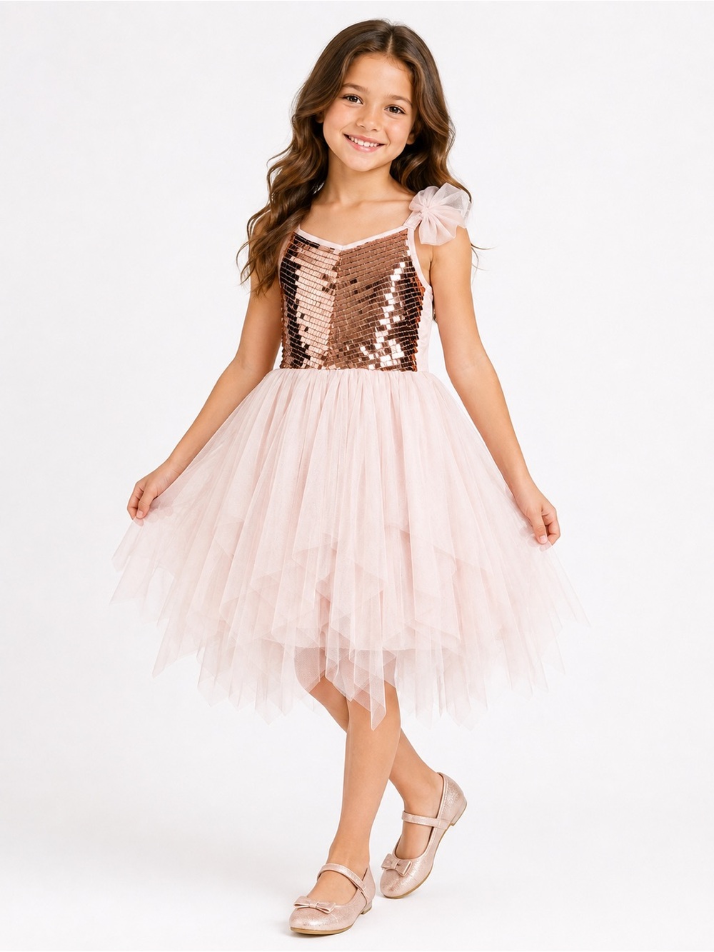 Zenzi Blush Pink Rose Gold Sequin Tulle Party Dress | Girls M (8)